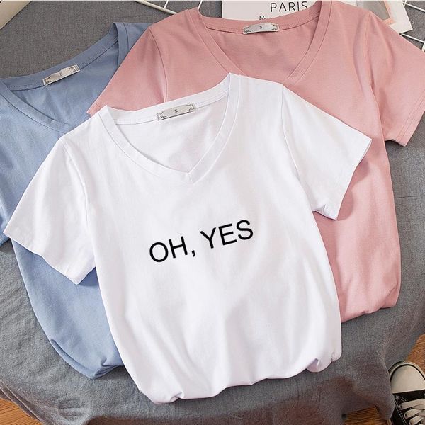 

harajuku women t-shirts new 2020 summer oh yes funny letter print t-shirt streetwear casual v-neck short sleeve tees female1, White
