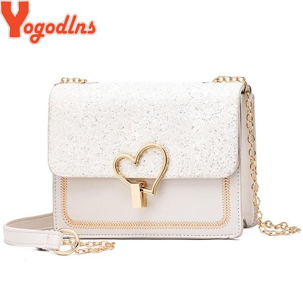 

yogodlns women soft pu white sequin love shape lock shoulder bag 2020 new fashion girls chain solid color flap bag