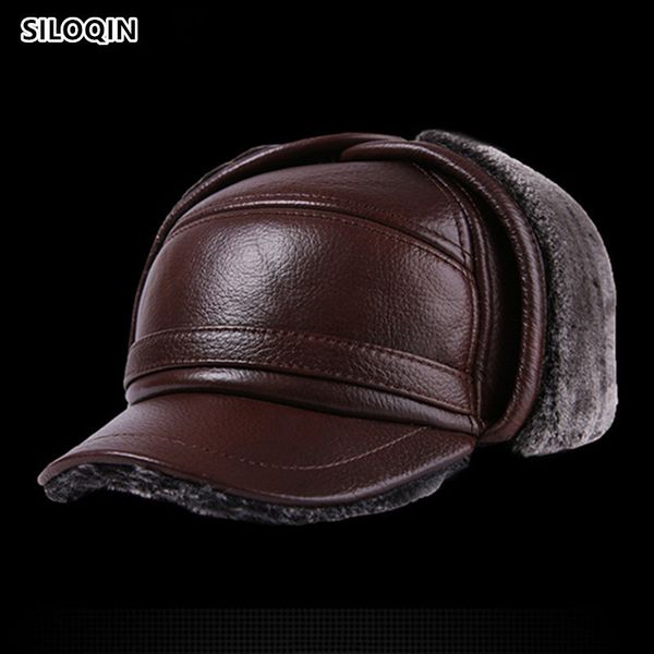 

siloqin genuine leather hat middle old aged winter first layer cowhide thicken baseball cap keep warm earmuffs male bone dad hat t200104, Blue;gray