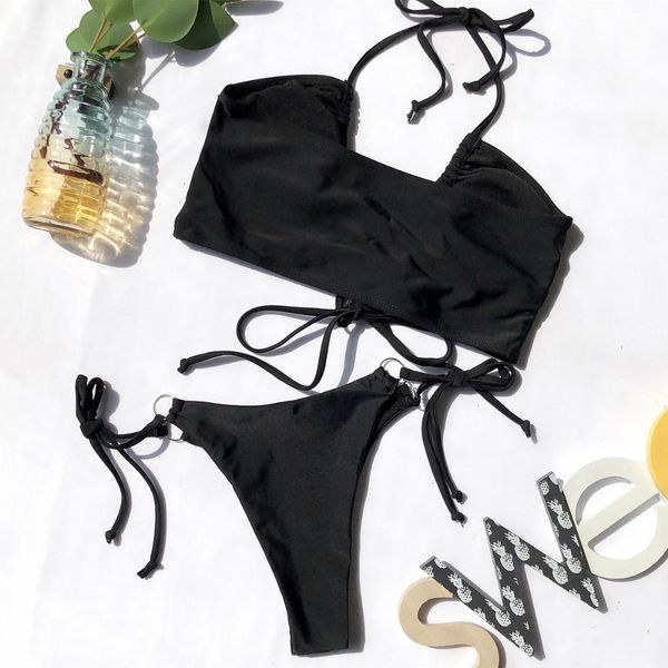 

2pcs women hollow bandage padded bra briefs bikini set swimsuit bathing suit female summer swimwear, Black;white