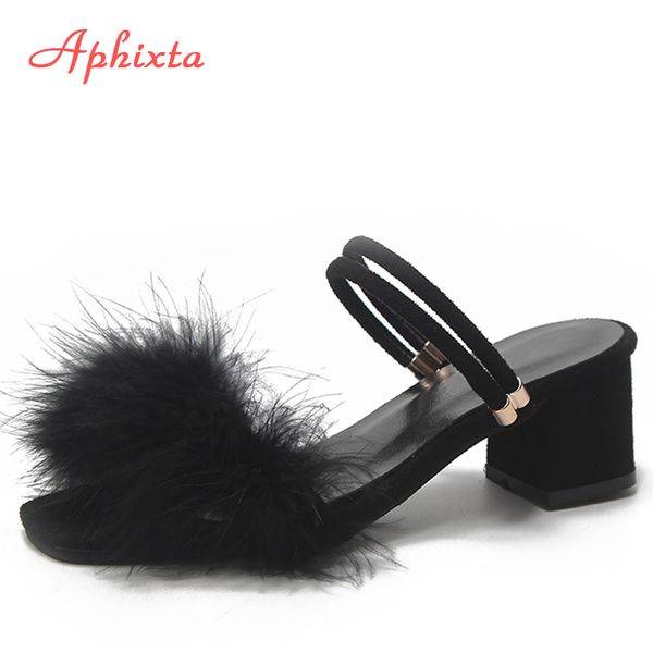

aphixta 100% real ostrich feather sandals women shoes fur square heel lady dual use mujer wedges indoor slides plus size 34-44 x1020, Black