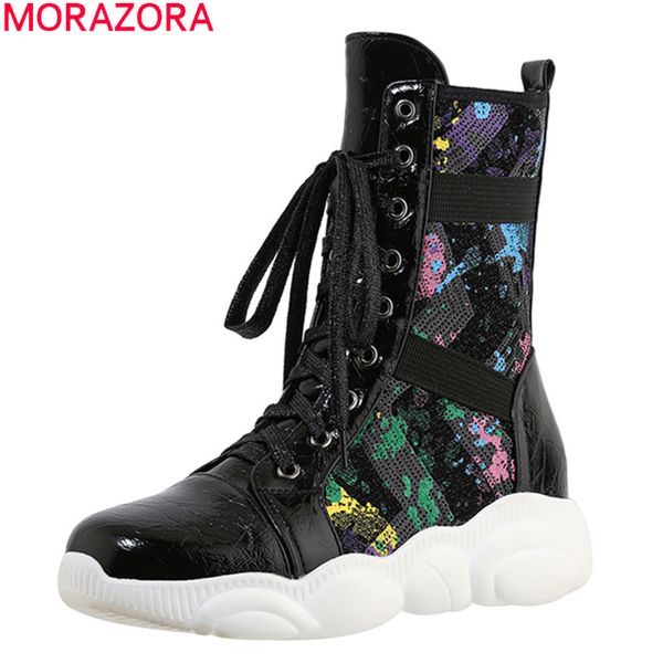 

morazora 2020 snow boots comfortable flat heel ladies shoes fashion lace up ankle boots for woman big size 33-46 black 1026