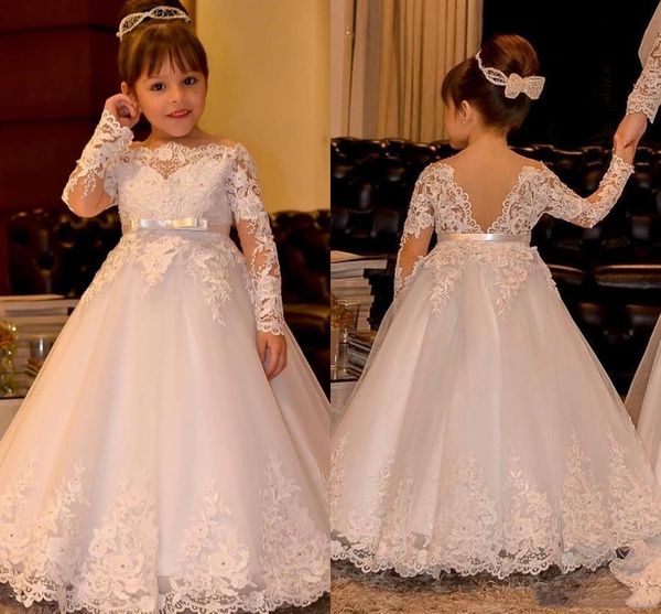 

princess long sleeve vintage flower girl dresses sheer neck lace appliques floor length flowergirl dress with bow pageant gowns, White;blue