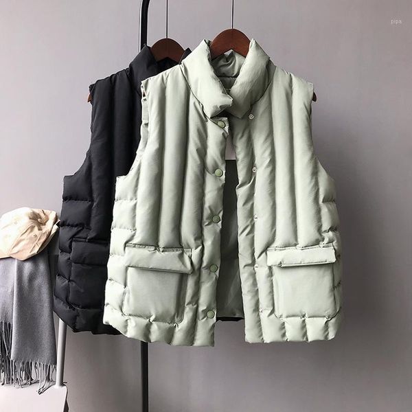 

2018 fashion winter autumn women sleeveless down vests solid thick cotton liner warm coats stand collar 3 colors1, Black;white