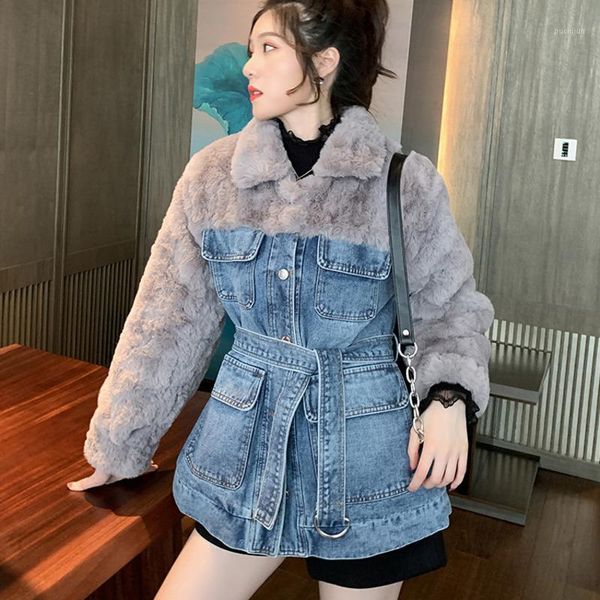 

women winter fall denim splice faux fur slim jacket ladies adjustable waist jean warm quilted coat female parkas windbreaker1, Black