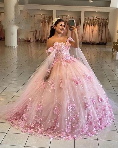 Rose hors de l'épaule robe de Quinceanera avec Cape princesse perlée 3D fleurs robe de bal Pageant fête d'anniversaire doux 16 15