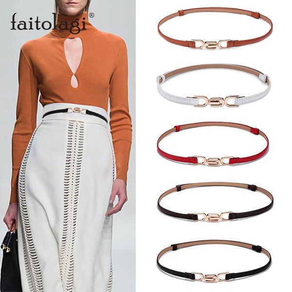 

genuine leather belt for dress adjustable thin women waist belt gold buckle white black red female slim strap, Black;brown