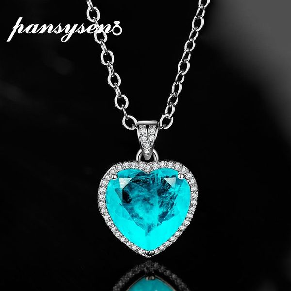 

pansysen 100% 925 sterling silver 12mm heart design paraiba tourmaline gemstone pendant necklaces for women birthday necklace q0531