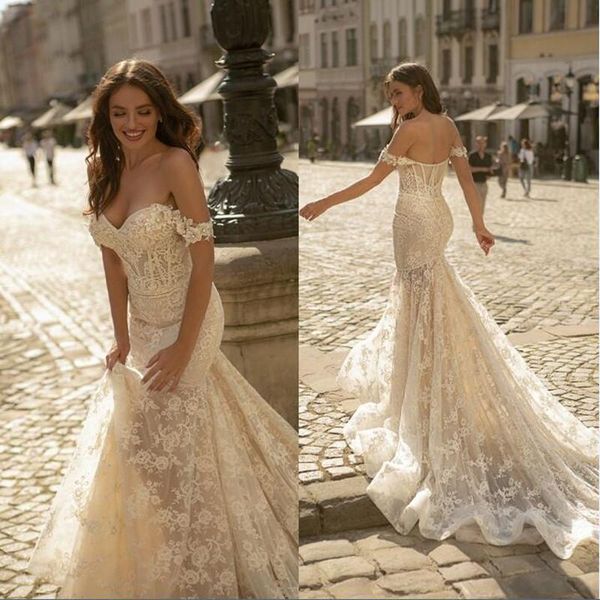 

2021 mermaid wedding dresses off shoulder lace appliqued beaded bridal gowns backless court train vestidos de novia al7492, White