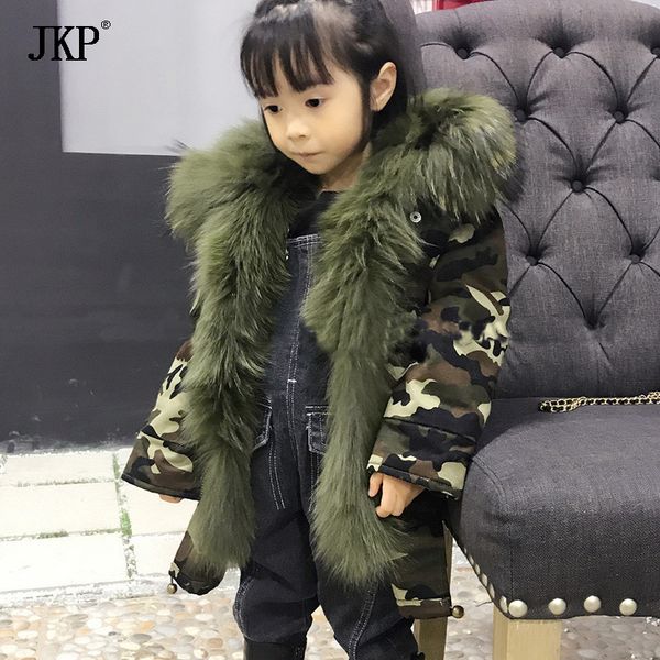 

jkp 2020 army green winter children's fur lining coat warm thick-soled boys and girls fur scorpion collar kids jacket, Blue;gray