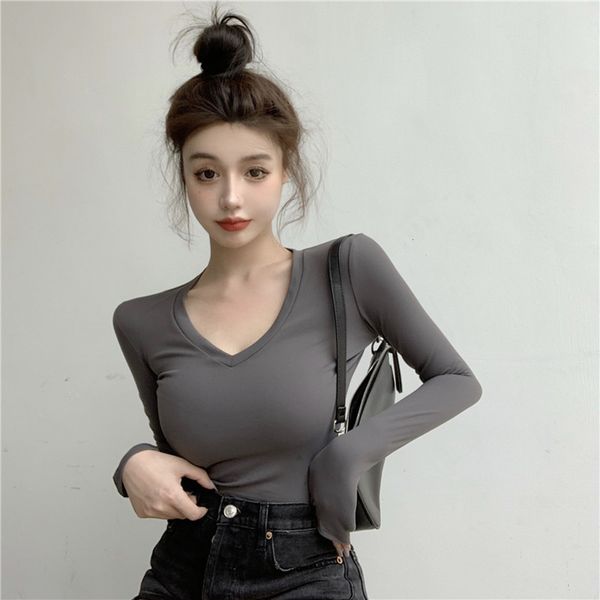 

new women's 2020 v-neck autumn long sleeve t-shirt super and slim with bottom layer, Black;gray