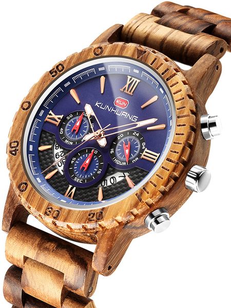 

brown wood watch for men luxury multifunctional calendar date military sports mens wooden band man sandalwood male wristwatch quartz watches, Slivery;brown