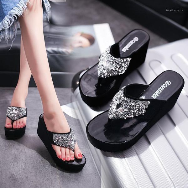 

summer new women's flip-flops slippers outside fashion rhinestone wedges flip-flops thick-soled platform slippers slides1, Black