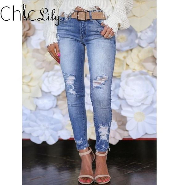 

women's jeans chiclily denim slim ripped mid waist skinny trousers pencil washed vintage full length pants, Blue
