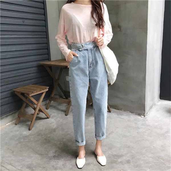 

women's jeans summer casual slim ankle length light blue fresh pants slender female loose women denim high waist harem trousers