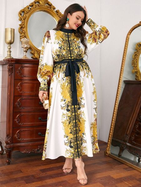 

plus mock neck scarf print belted dress f42b#, Black