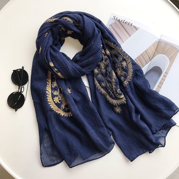 

autumn winter fashion embroidered cashew floral viscose shawl scarf from indian women warm pashmina hijab and wraps muslim sjaal y201007, Blue;gray
