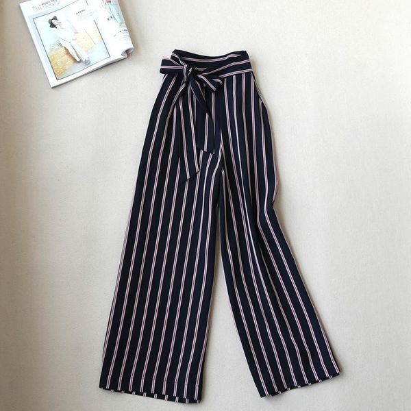 

spring summer women striped wide leg pants popular office ladies strap wrap waist loose trousers1, Black;white