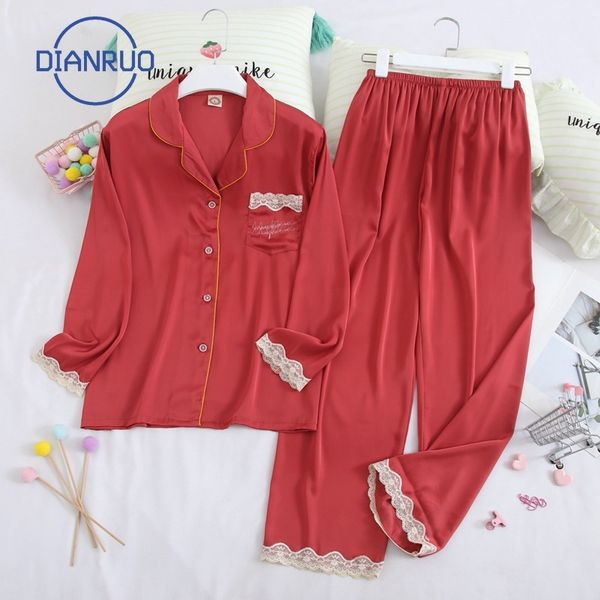 

dianruo autumn sleepwear women new silk ladies long sleeve lace home wear set korean version girls sweet pajamas q377 201027, Black;red