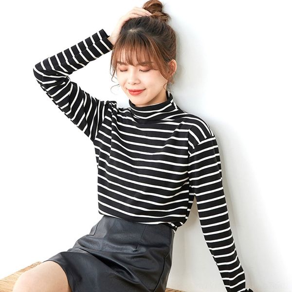 

q8aee coatcoat spring and autumn cationic large women's long and thickened jncb sleeve striped t-shirt warm 20 korean high collar botto, White