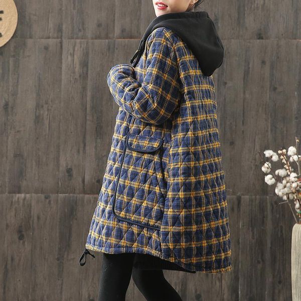 

johnature women hooded plaid parkas vintage button coats loose autumn winter new pockets female casual warm parkas coats 201225, Black