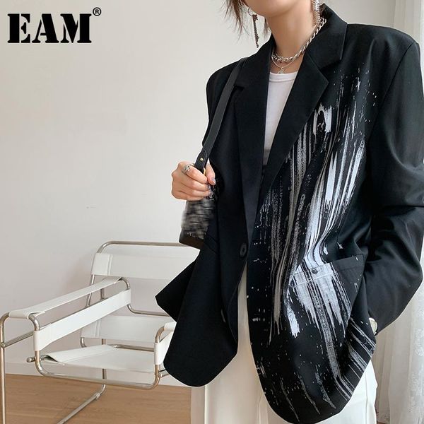 

eam] women black pattern printed big size blazer new lapel long sleeve loose fit jacket fashion tide spring autumn 2020 1z406, White;black