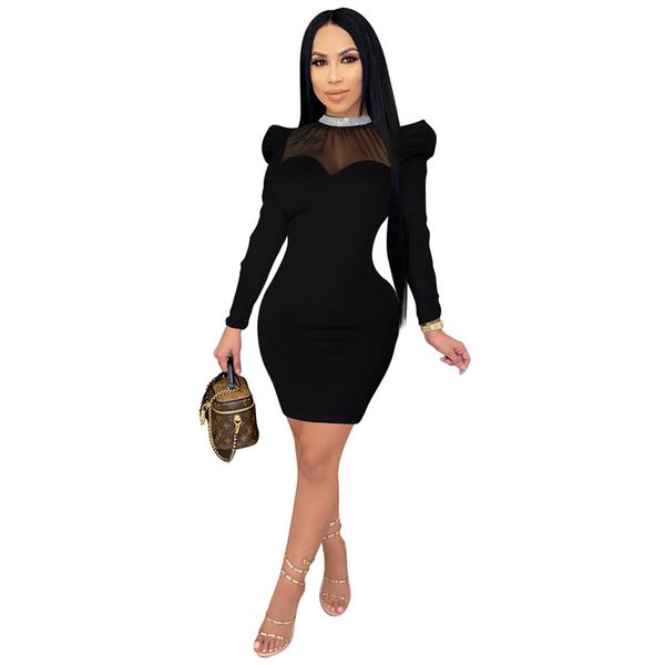 

guaze panelled womens designer dresses perspective solid color womens bodycon dresses casual females clothing with zipper, Black;gray