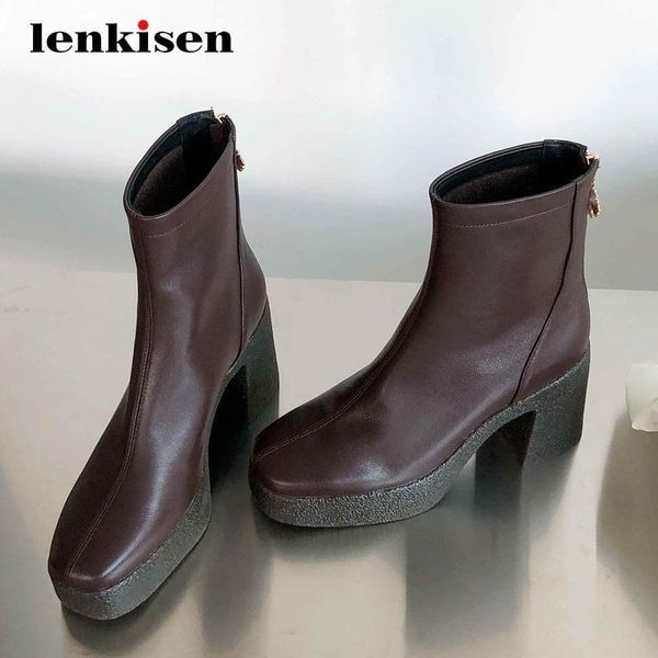 

lenkisen short boots genuine leather platform korean design nightclub square toe super high heel zipper gorgeous ankle boots l021, Black