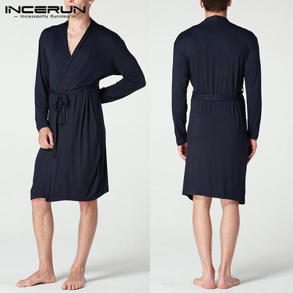 

fashion men robes plain comfortable long sleeve casual pajamas bathrobes soft men kimono nightgown v neck homewear s-5xl incerun1, Black;brown