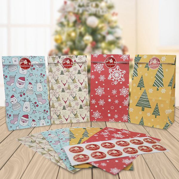 

12pcs gift kraft paper candy cookies bag with sticker christmas tree food packing bags xmas birthday party decor