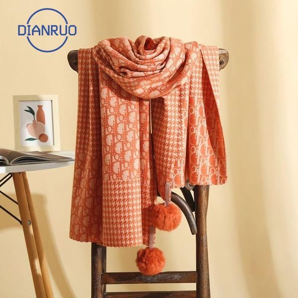 

dianruo winter imitation cashmere pure color bib wool ball scarf for women warm and simple double-sided korean shawl q388, Blue;gray