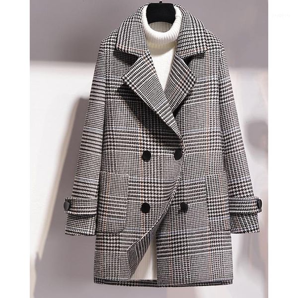 

2020 winter new houndstooth woolen coat women's leisure jacket female loose large size overcoat woolen slim blend outerwear1, Black