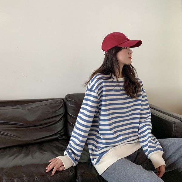 

lazy striped women 2020 new spring and autumn thin coat sweater sweater loose korean round neck long sleeve coat fashion ins hez5w, Black