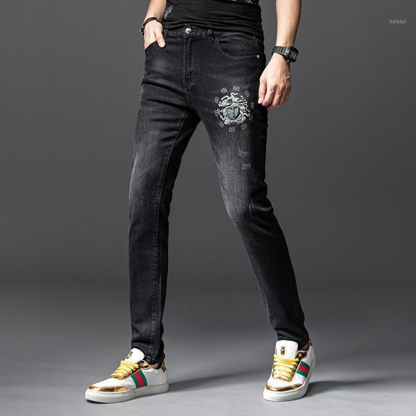 

men's jeans autumn and winter black gray embroidered men's skinny fashion brand slim casual versatile embroidery pants f1, Blue