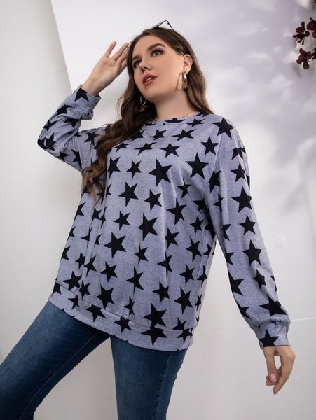

plus star print drop shoulder sweatshirt p3sv#, Black