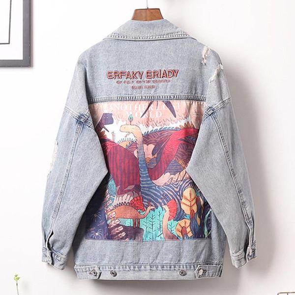 

2021 new plus size 3xl 4xl funny cartoon print long denim jacket women chic streetwear punk style embroidery letter jeans coat, Black;brown