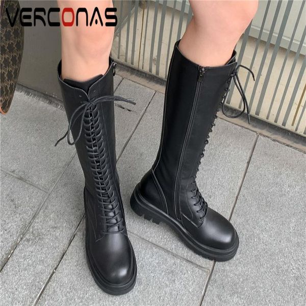

boots verconas genuine leather knee-high for women cross-tied platforms shoes woman autumn winter zipper long, Black