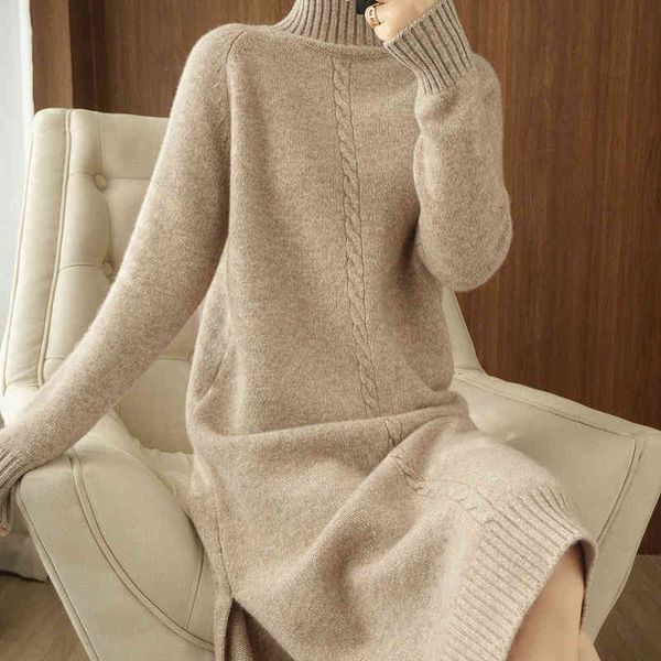 

casual dresses thick warm 100%wool long sweater women autumn winter high-neck over-the-knee cashmere knit large size base shirt vqw3, Black;gray