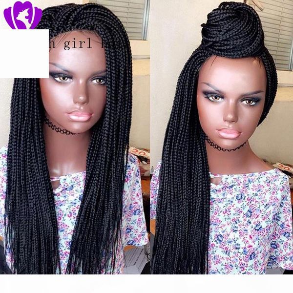 

long braided box braids synthetic lace front wig heat resistant fiber hair black glueless lace wigs for women with baby hair, Black;brown