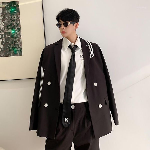 

male streetwear suit coat outerwear pant men 2pcs suits sets vintage college style casual stripe suit jacket trousers1, White;black