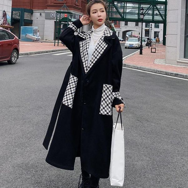 

ewq] 2020 winter coat women plus size jacket overcoats woolen mantel long sleeve stitching plaid chic queen warmth trend 6q1009, Black
