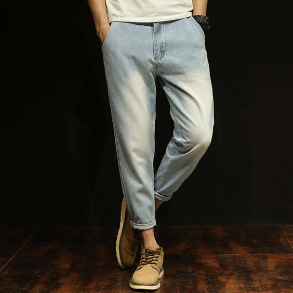

trendy brand loose thin light color jeans men's harlan leggings slim hip hop nine point pants, Blue