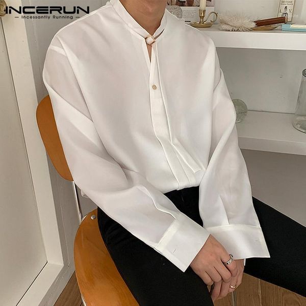 

incerun fashion men casual shirt solid color loose long sleeve handsome camisas streetwear korean style lace up chic shirts1, White;black