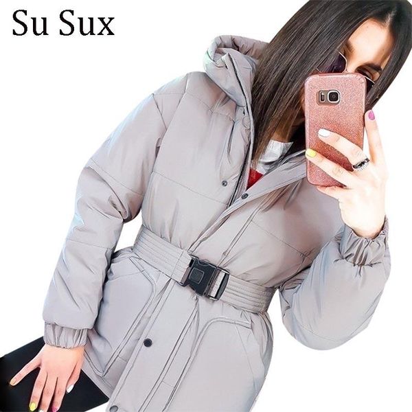 

2020 winter cotton padded jacket women keep warm reflection hooded zipper jacket coat parka outwear plus size solid female, Black