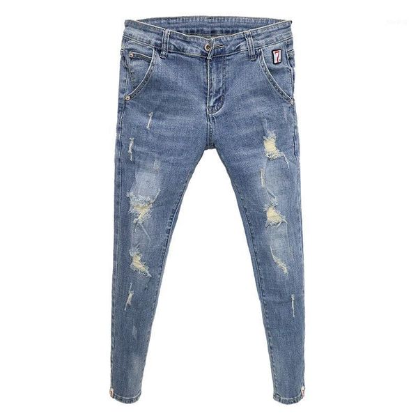 

new 2020 teenagers casual slim fit pockets small feet skinny jeans male korean social hole thin ankle length pants men1, Blue