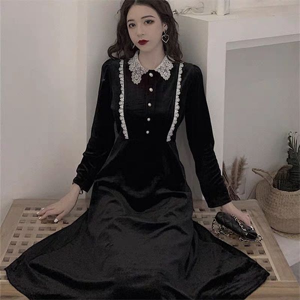 

2021 new elegant velvet black fairy lace women long sleeve korean winter one-piece lady wedding party dress gdld, Black;gray