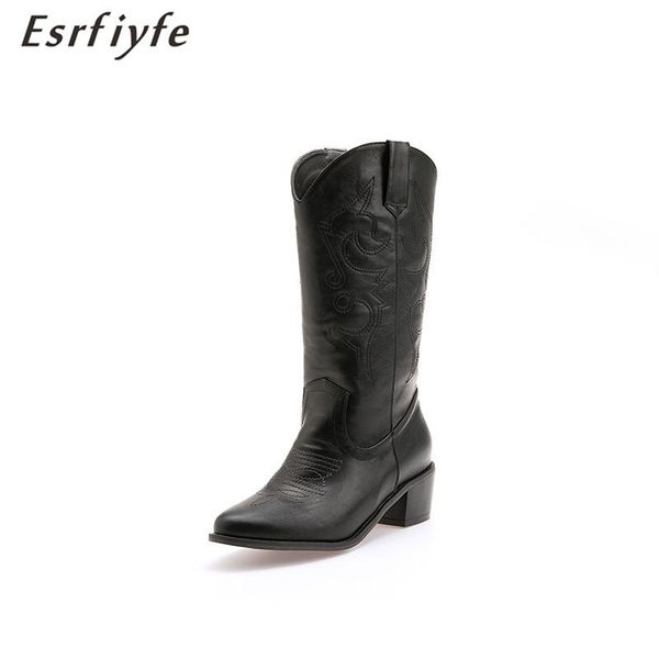 

esrfiyfe 2020 new women square heels round toe shoes american mid-calf boots winter boots female pu leather westen women, Black