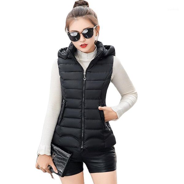 

2020 new winter jacket women vest hooded cotton parka coat plus size 3xl slim short sleeveless cotton jacket female vest d2541, Black;white