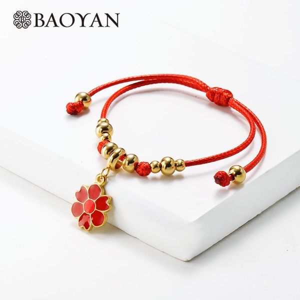 

baoyan adjustable enamel charm bracelet handmade rope chain bracelet gold red white color enamel flower heart for women, Black