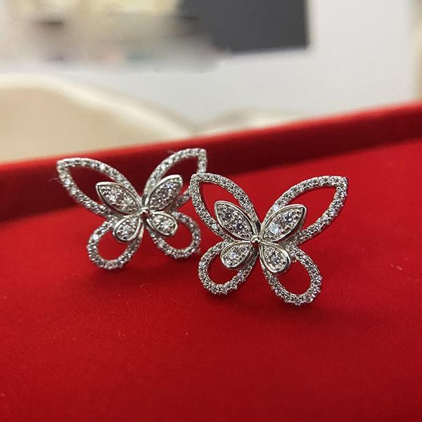 

100% 925 sterling silver earrings for women butterfly lab moissanite diamond stud earrings party wedding fine jewelry, Golden;silver
